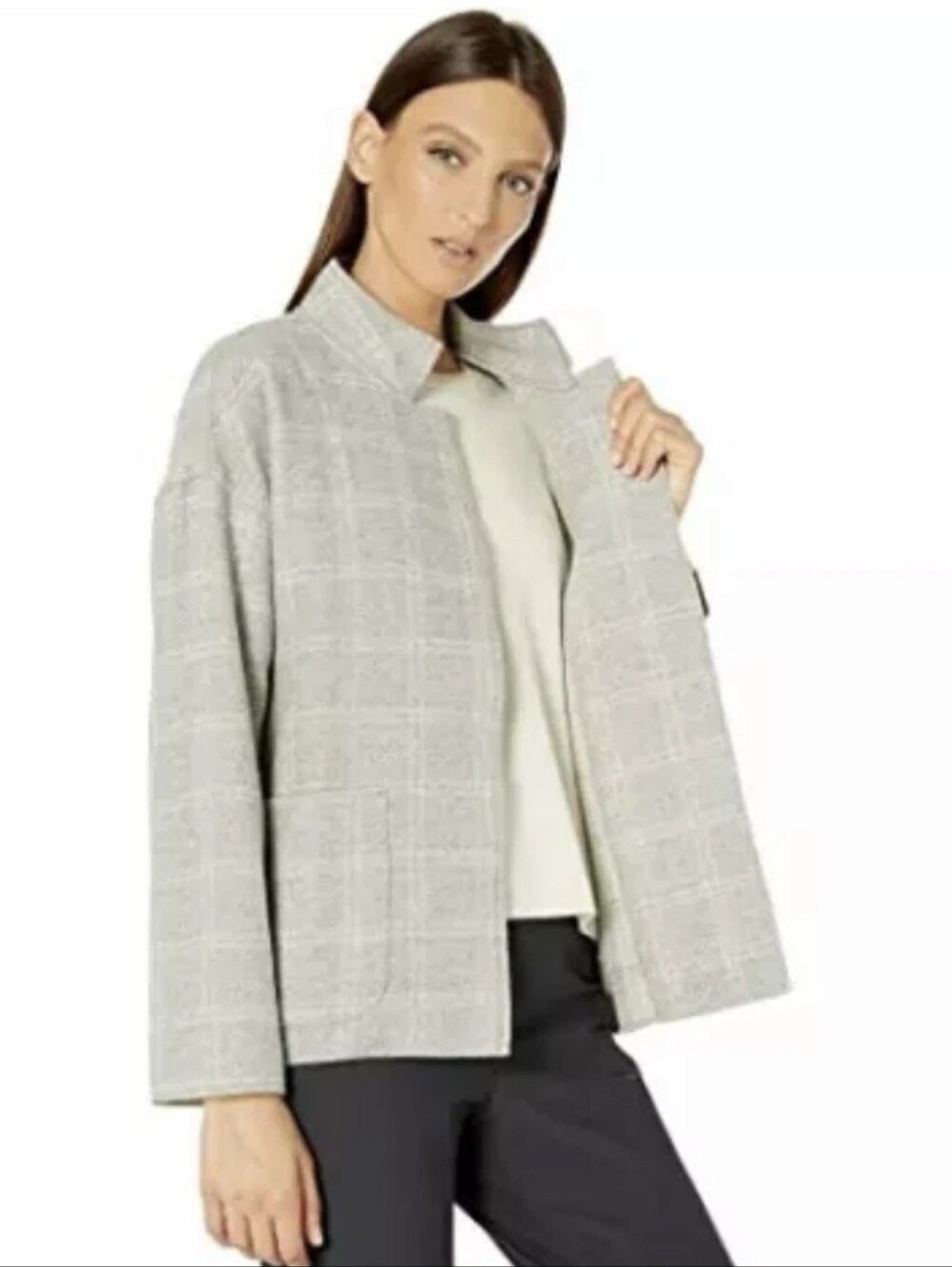 Eileen Fisher Heathered Check Wool-blend High-collar Coat Size Medium